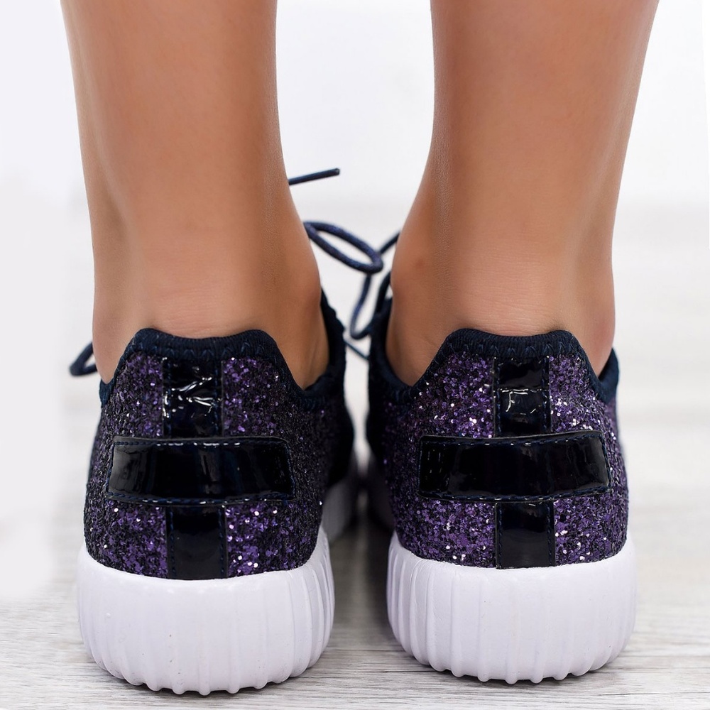 NEW🔥 Navy Glitter Lace-Up Low Top Fashion Sneakers Light-Weight Slip-On - Picture 3 of 3